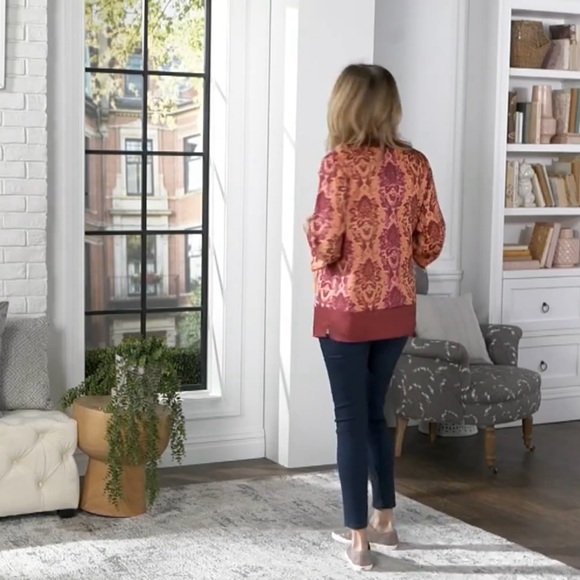 New Susan Graver Red Printed Woven Open-Front Cardigan Size S - Picture 3 of 13